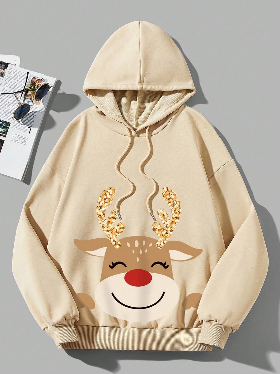SHEIN EZwear Nai sừng tấm Giáng sinh In Dây rút Hoodie - Màu Khaki - Xem 1