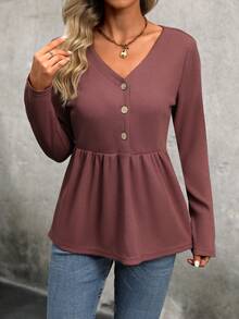 SHEIN LUNE 女士肋紋荷葉邊t恤 - 紅色 - 查看 5