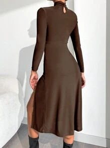 SHEIN PETITE Solid Color High Slit Dress - Chocolate Brown - View 2