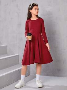 SHEIN Tween Girl Solid Ribbed Knit Flare Hem Dress - Red - View 3