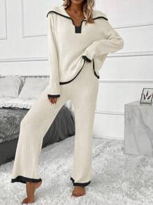 SHEIN Frenchy Contrast Trim Drop Shoulder Sweater & Knit Pants - Multicolor - View 3