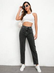 高腰媽媽牛仔褲 - 深灰色 - 查看 4