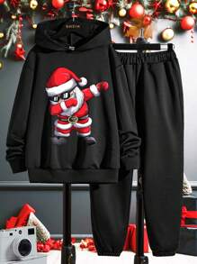 Boys' Casual Christmas Pattern Hoodie And Sweatpants Set - Black - View 1
