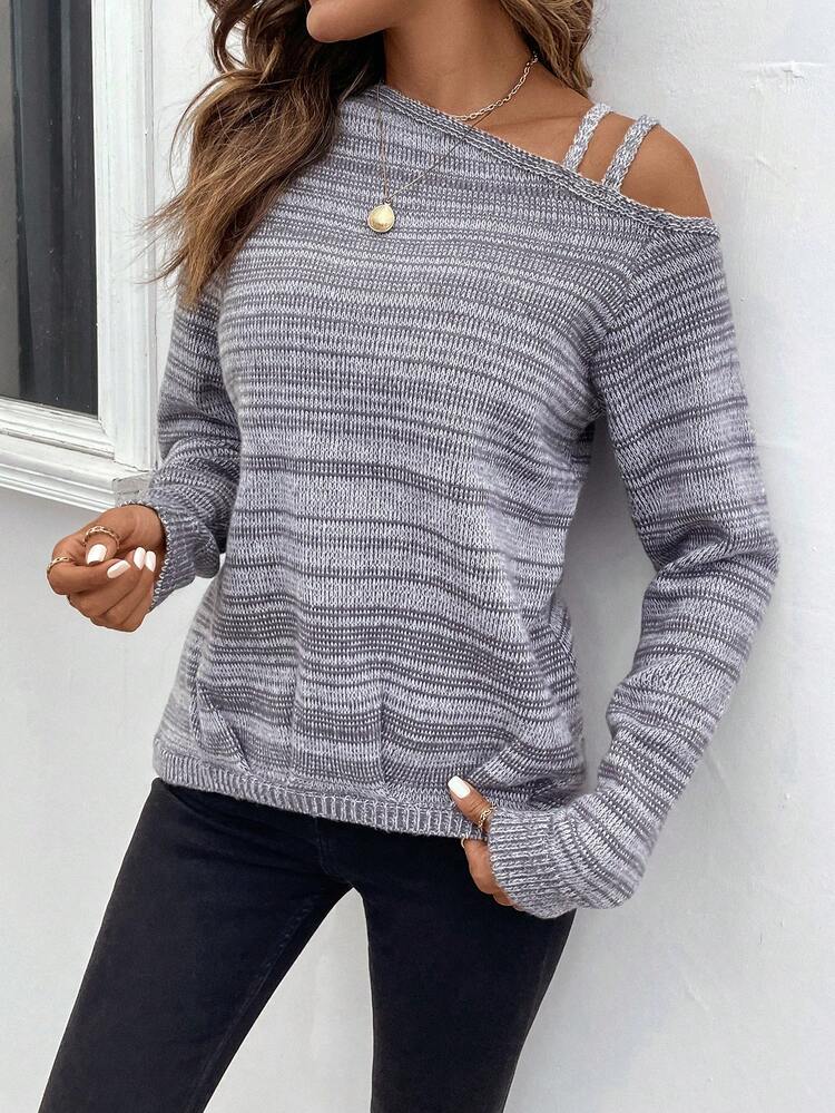 Women's Asymmetrical Neckline Striped Knit Pullover Fall Winter Sweater