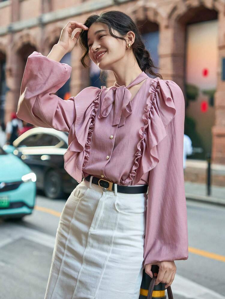 Tie Neck Ruffle Trim Lantern Sleeve Blouse Long Sleeve Top