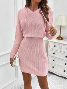 SHEIN LUNE Vestido De Sudadera Con Capucha Y Cordón De Color Sólido De Moda - Rosa - Ver 8