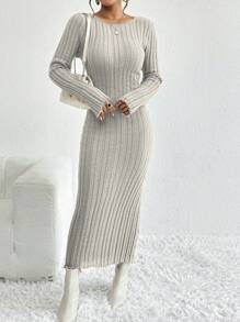 SHEIN Privé 女士純色針織連衣裙,帶有肋紋設計 - 灰色 - 查看 6