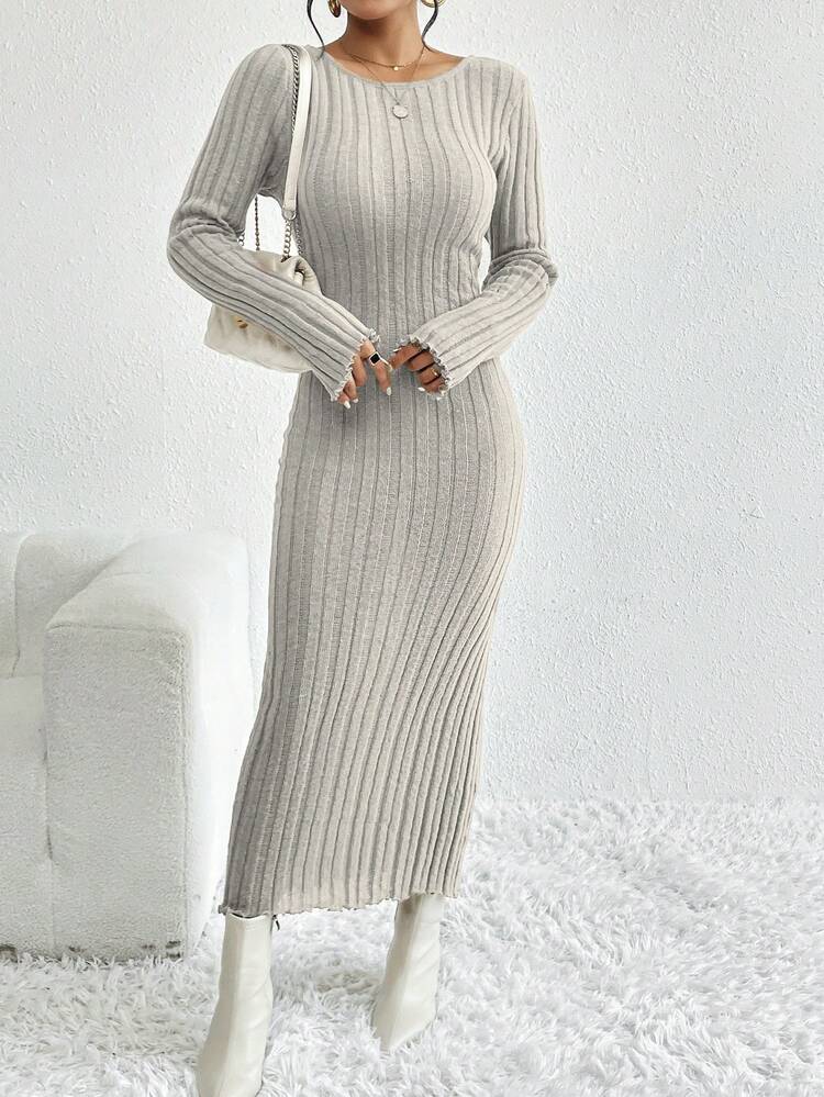 Women's Solid Color Sweater Dress With Ribbed Design