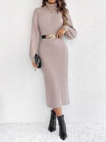 SHEIN Frenchy Áo cao cổ Viền mép Áo len dệt kim Đầm Không có thắt lưng - Màu be - Xem 1