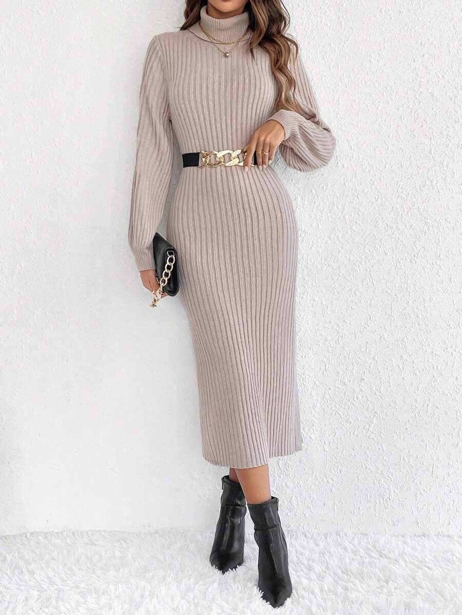 SHEIN Frenchy Áo cao cổ Viền mép Áo len dệt kim Đầm Không có thắt lưng - Màu be - Xem 1