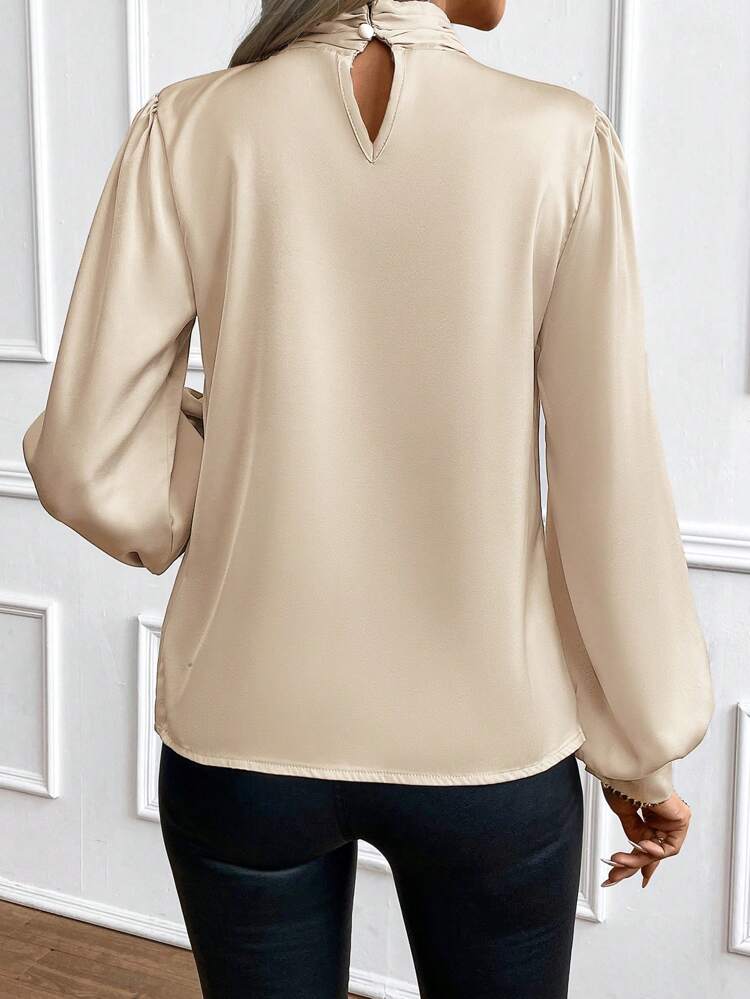 Ruched Detail Mock Neck Lantern Sleeve Blouse