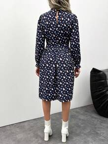 EURMUSE Allover Print Tie Neck Flounce Sleeve Dress - Multicolor - View 2