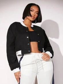 SHEIN SXY 性感俱樂部外套,秋冬時尚女士短羊毛外套,彩色拼縫設計 - 黑與白 - 查看 4