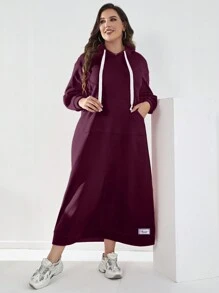 Mulvari Burgundy Red Women'S Plus Size Sweatshirt Dress With Letter Patch And Drawstring - Burgundy - View 6