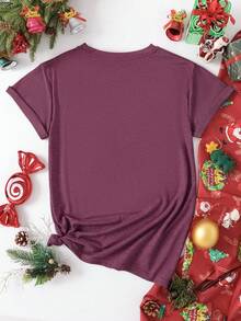 SHEIN EZwear 女士聖誕雪人字母圖案短袖t卹 - 中紫紅色 - 查看 2