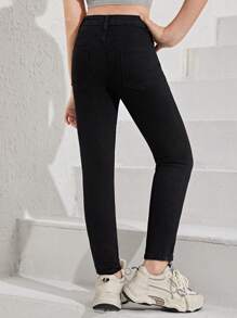 SHEIN Explorewe Tween Girl Solid Slant Pocket Jeans - Black - View 2