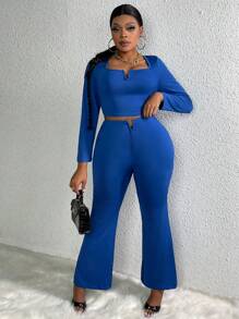 Slaydiva V 字形純色短上衣和喇叭褲套裝 - 藏蓝色 - 查看 6