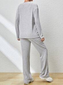 SHEIN Essnce 針織羅紋吊帶背心+開襟衫+長褲,3件式保暖套裝 - 灰色 - 查看 2