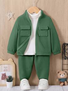 SHEIN Bộ 2 món/Bộ Unisex Baby Túi trước Áo khoác cổ đứng trễ vai & Quần buộc mắt cá chân Bộ đồ lót nhiệt dày - Màu xanh lá cây đậm - Xem 1