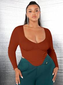 SHEIN SXY Plus甜心領不對稱下擺t恤 - 棕色 - 查看 1