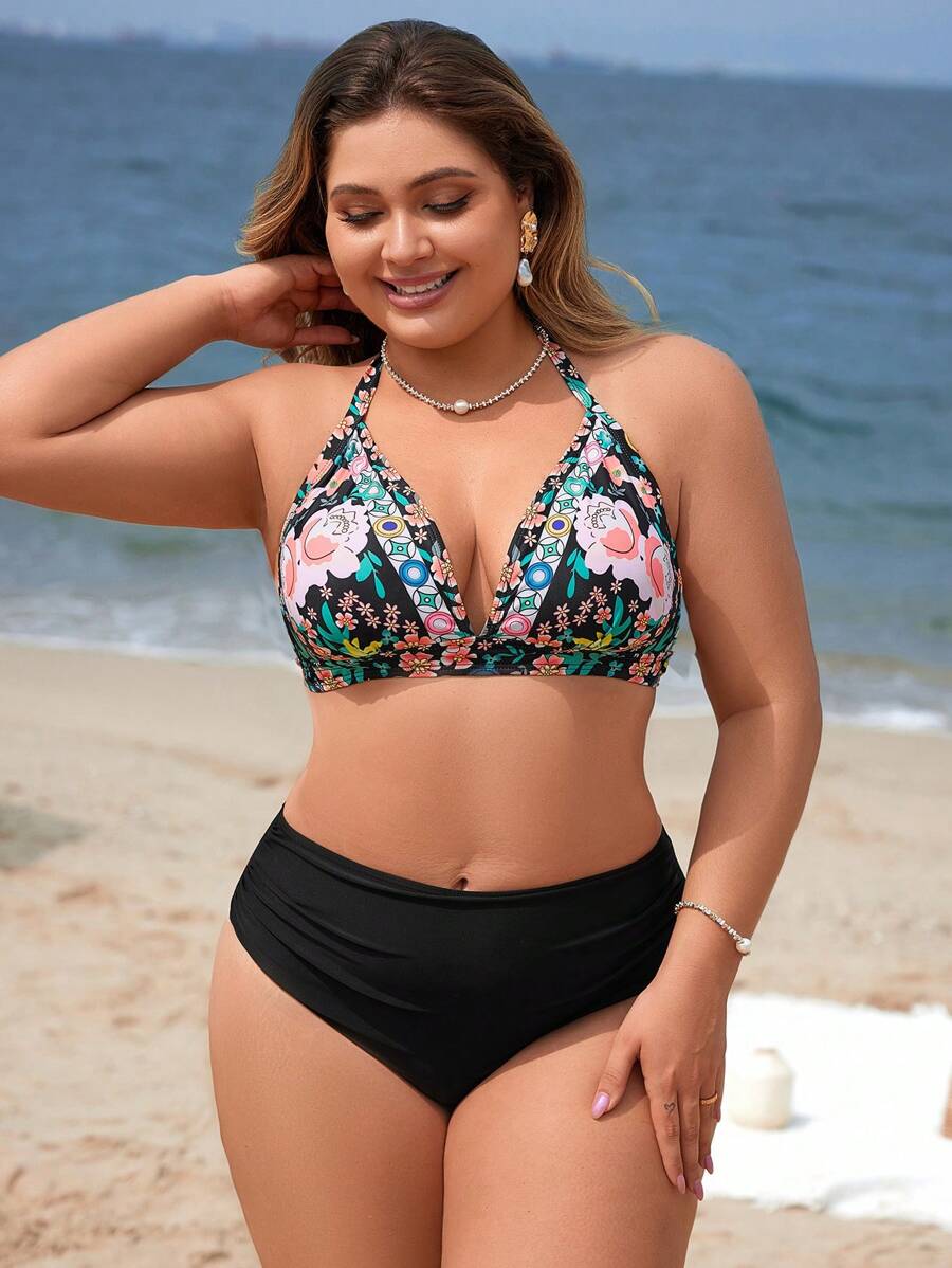 SHEIN Swim 女大尺碼掛脖花卉印花比基尼套裝,側底繫帶 - 彩色 - 查看 1
