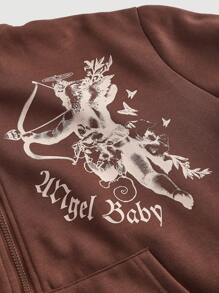 SHEIN MOD Plus Size Letter And Angel Print Zip Up Sweatshirt - Rust Brown - View 3