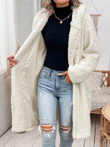 SHEIN Essnce Double Breasted Hooded Teddy Coat - Apricot - View 6