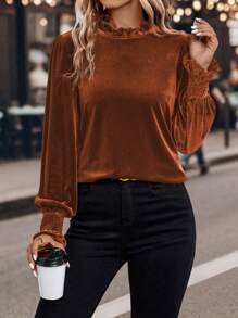 SHEIN Clasi Lá sen tỉa Tay áo lồng đèn Áo sơ mi - trái cam - Xem 3