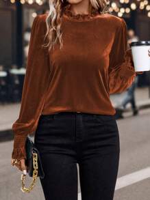 SHEIN Clasi Lá sen tỉa Tay áo lồng đèn Áo sơ mi - trái cam - Xem 4