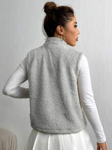SHEIN Qutie Fleece Vest Jacket - Light Grey - View 2