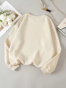 SHEIN EZwear Của phụ nữ Kích thước lớn Hoạt hình Nhân vật & In thư Vòng cổ Thả vai Lông cừu Áo nỉ - Màu be - Xem 2