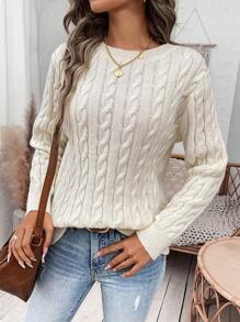 SHEIN Frenchy 女式絞花針織落肩毛衣 - 杏色 - 查看 4