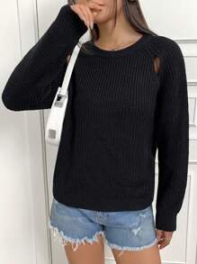 SHEIN Unity Women's Hollow Out Pullover Sweater With Raglan Sleeve Knit Pullover Fall Winter Sweater - Black - View 4