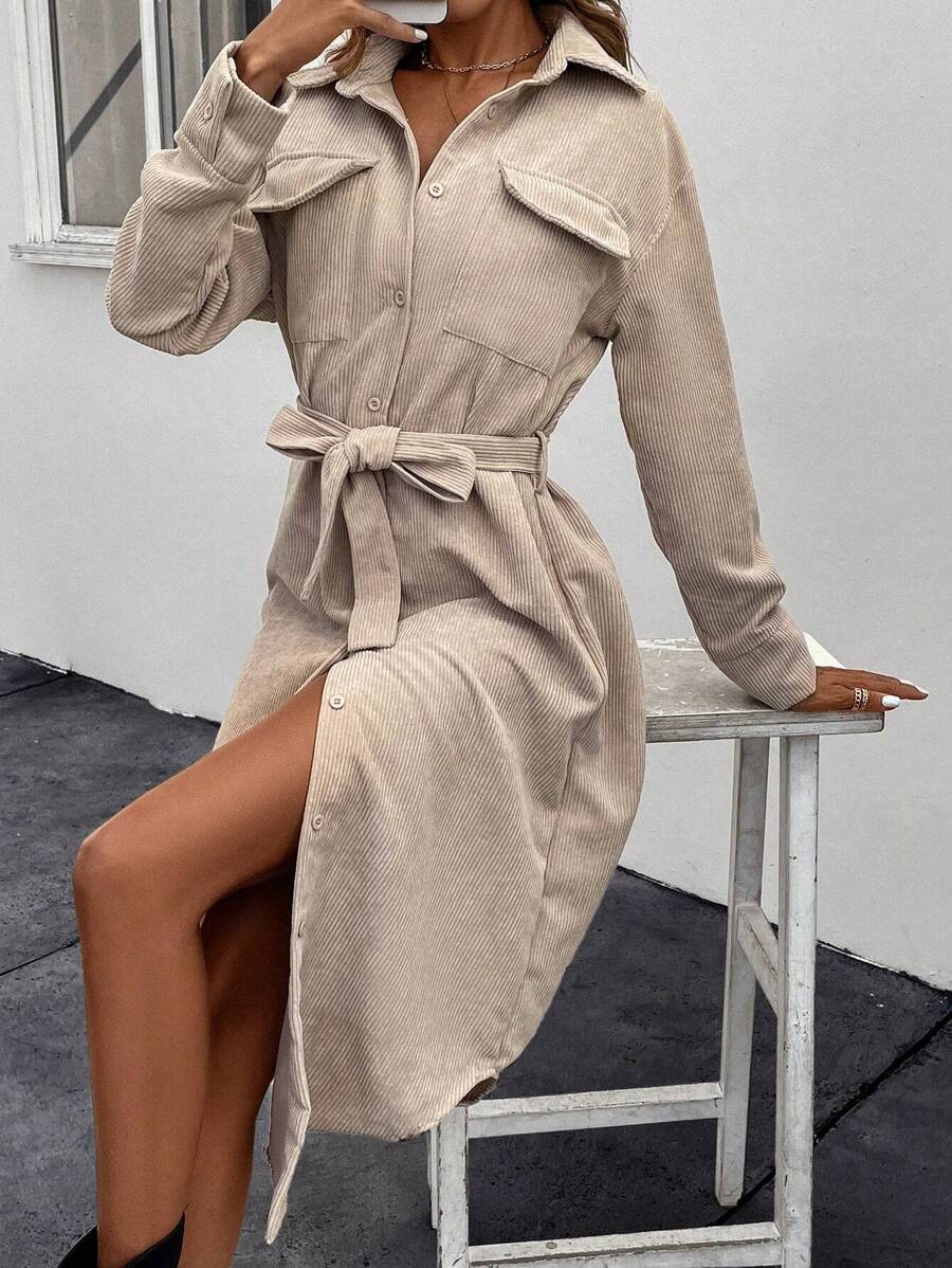 SHEIN LUNE Corduroy Trench Coat With Lapel Collar, Belt And Flap Pockets - Khaki - View 1