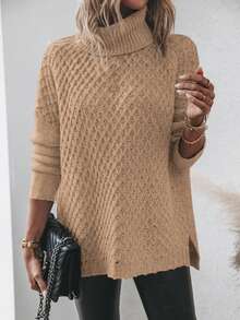 SHEIN LUNE High Neck Drop Shoulder Sleeve Sweater - Khaki - View 5