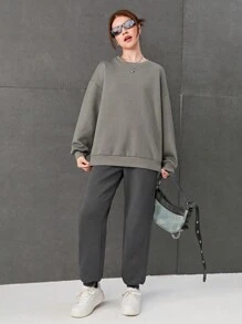 SHEIN 青少年女孩素色落肩袖運動衫 - 灰色 - 查看 4