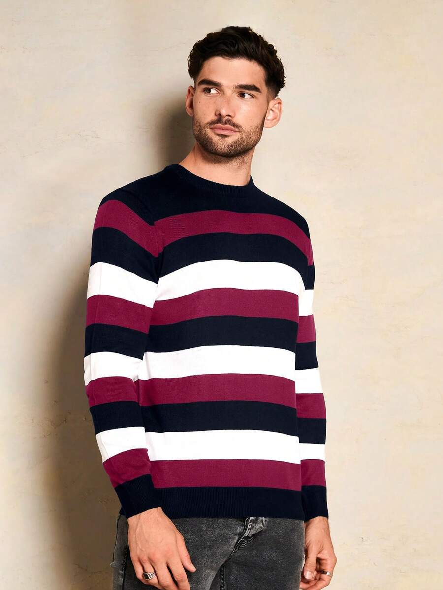 SHEIN Cottnline Men's Simple Striped Color Block Round Neck Sweater - Burgundy - View 1