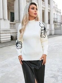 SHEIN Privé Quý cô Dệt kim Hoa Áo len - Màu be - Xem 4