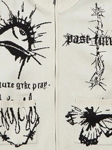 ANDREILEE Men's Da Vinci Manuscript Cardigan, Loose Fit Zip-Up Knit Sweater - White - View 5