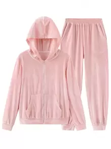 Solid Zip Up Velvet Hoodie & Pants - Pink - View 1
