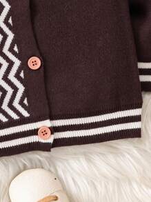 Infant Boys' Zigzag Pattern Teddy Bear Patch Cardigan With Front Snap Closure - Brown - View 6