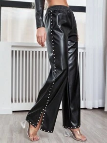 Retro Eo đàn hồi Túi nghiêng Đinh tán Chi tiết Viền mép chất liệu da PU Quần ống rộng - màu đen - Xem 1