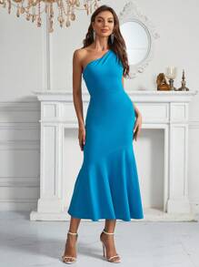 SHEIN Belle Kleid mit einer Schulter frei, Meerjungfrau Saum, - Blau - Übersicht 5