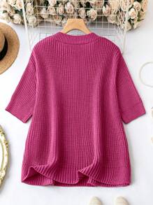 SHEIN LUNE Plus Size Women's Short Sleeve Knitted Top With Pocket - Hot Pink - View 2