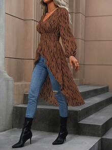 SHEIN LUNE 隨機印花女款長袖襯衫 - 棕色 - 查看 6