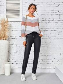 SHEIN LUNE Women's Fashionable Casual Solid Color Drawstring Waist Slim-Fit Long Pants Fall Cloth For Women - Black - View 6