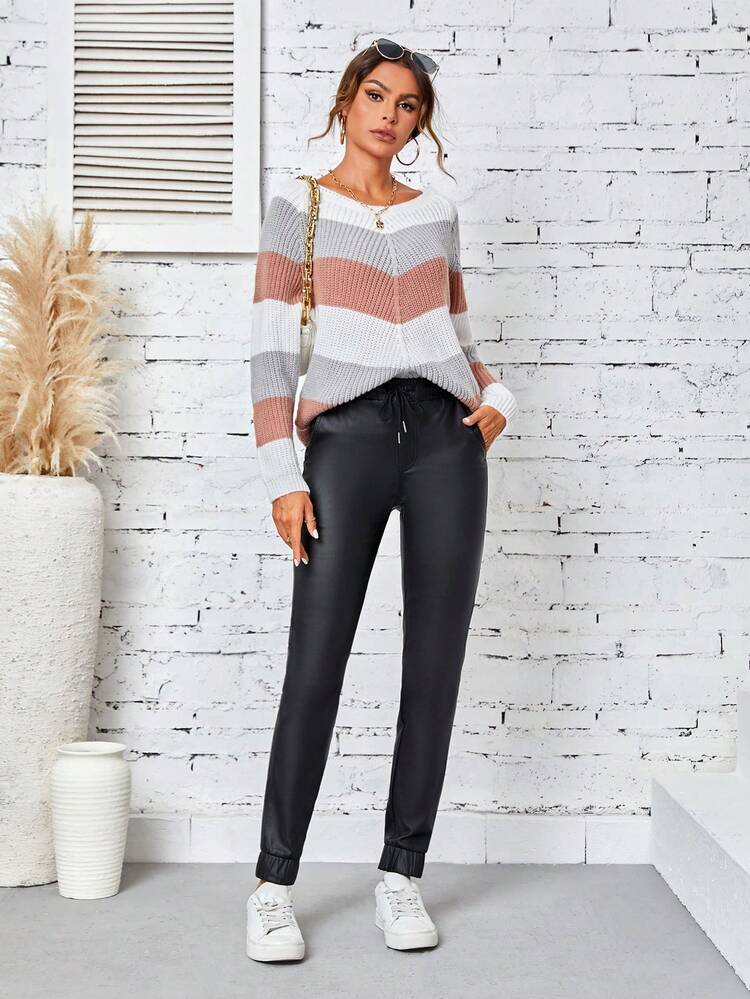 Women's Fashionable Casual Solid Color Drawstring Waist Slim-Fit Long Pants Fall Cloth For Women