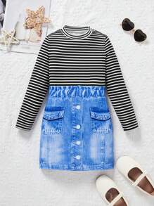 SHEIN 女童条纹拼布牛仔效果连衣裙 - 彩色 - 查看 1