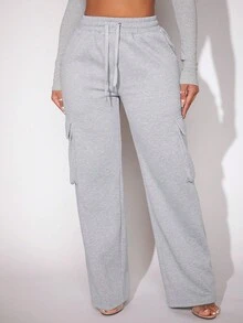 SHEIN SXY Quần bó sát eo dây rút có túi nắp ở hai bên - Xám - Xem 6