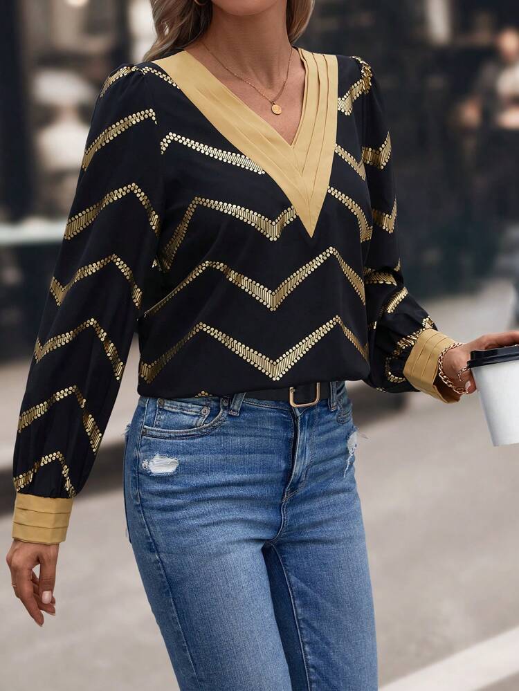 Chevron Print Contrast Trim Lantern Sleeve Blouse